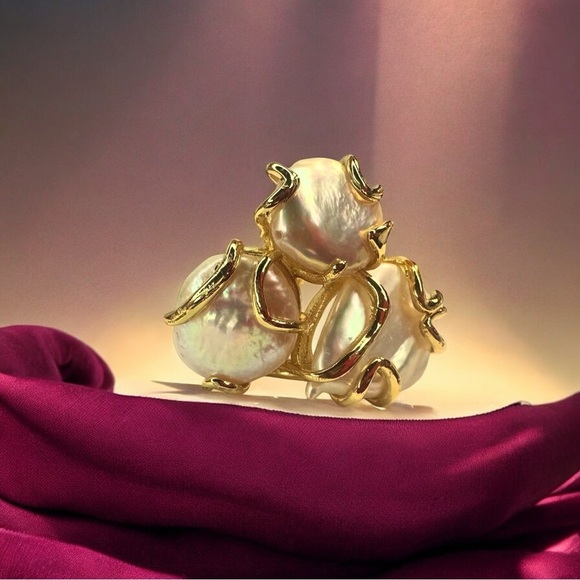 NEW Natural Freshwater Pearl GoldPlated Abstract Wrapped Adjustable Trilogy Ring - Picture 6 of 16